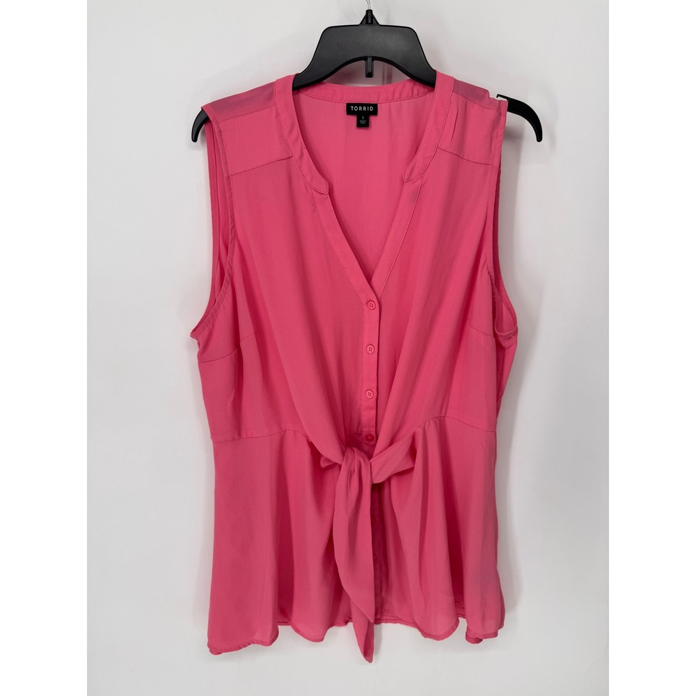 Torrid Top Women 1 Pink Sleeveless Button Front Tie Waist Georgette Blouse